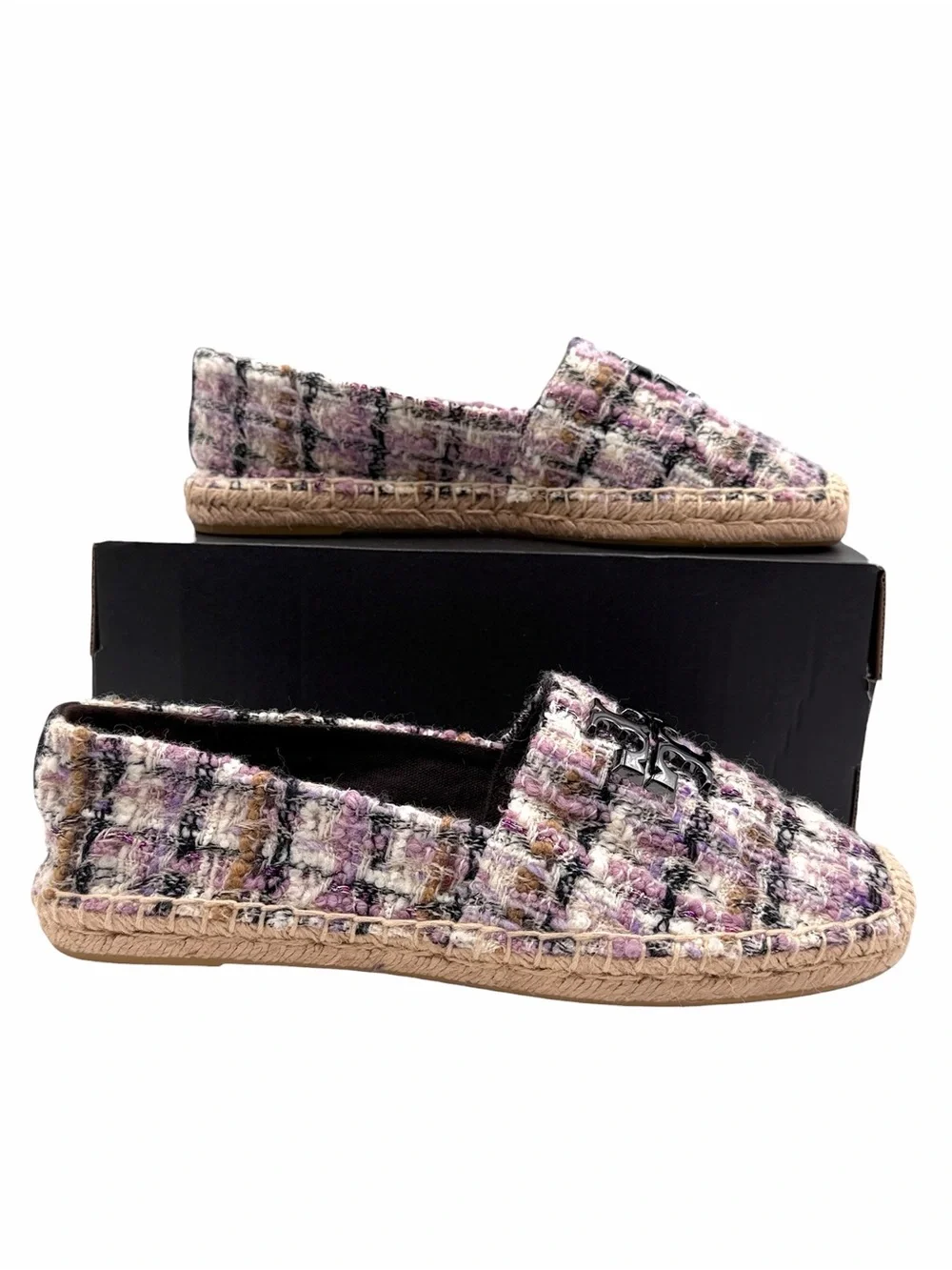 Tory Burch Everly Tweed Espadrille Slip-On Flats Double T Logo Size 8